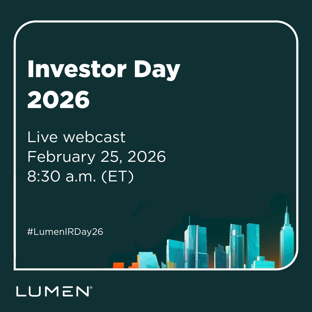 .@LumenTechCo is transforming how businesses connect, secure, and scale in an #AI-driven world. 

Join the 2026 Investor Day webcast on February 25 to learn more about the strategy and leadership behind the #TrustedNetwork for AI: events.q4inc.com/attendee/25661… #LumenIRDay26