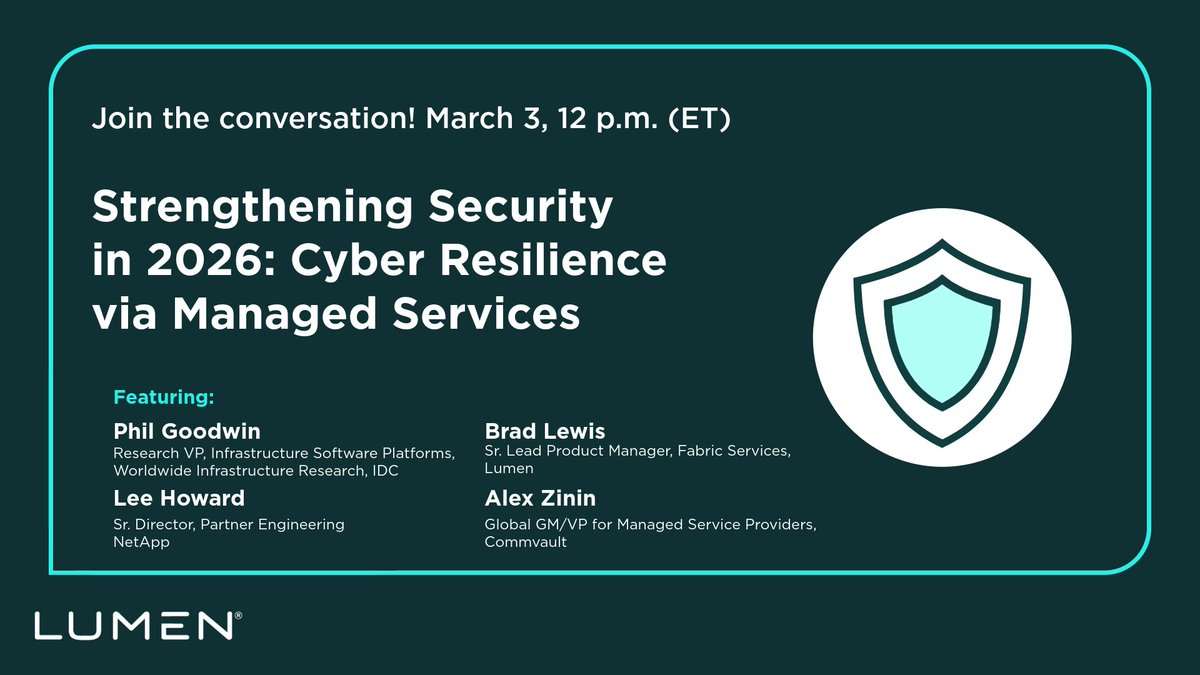 If you’re thinking about how to protect critical data and recover quickly when something goes wrong, this live session is for you!

Hear from <a href="/IDC/">IDC</a>, @LumenTechCo, <a href="/NetApp/">NetApp</a>, &amp; <a href="/Commvault/">Commvault</a> experts on how to strengthen cyber resiliency ➡️ bit.ly/4am5dwE