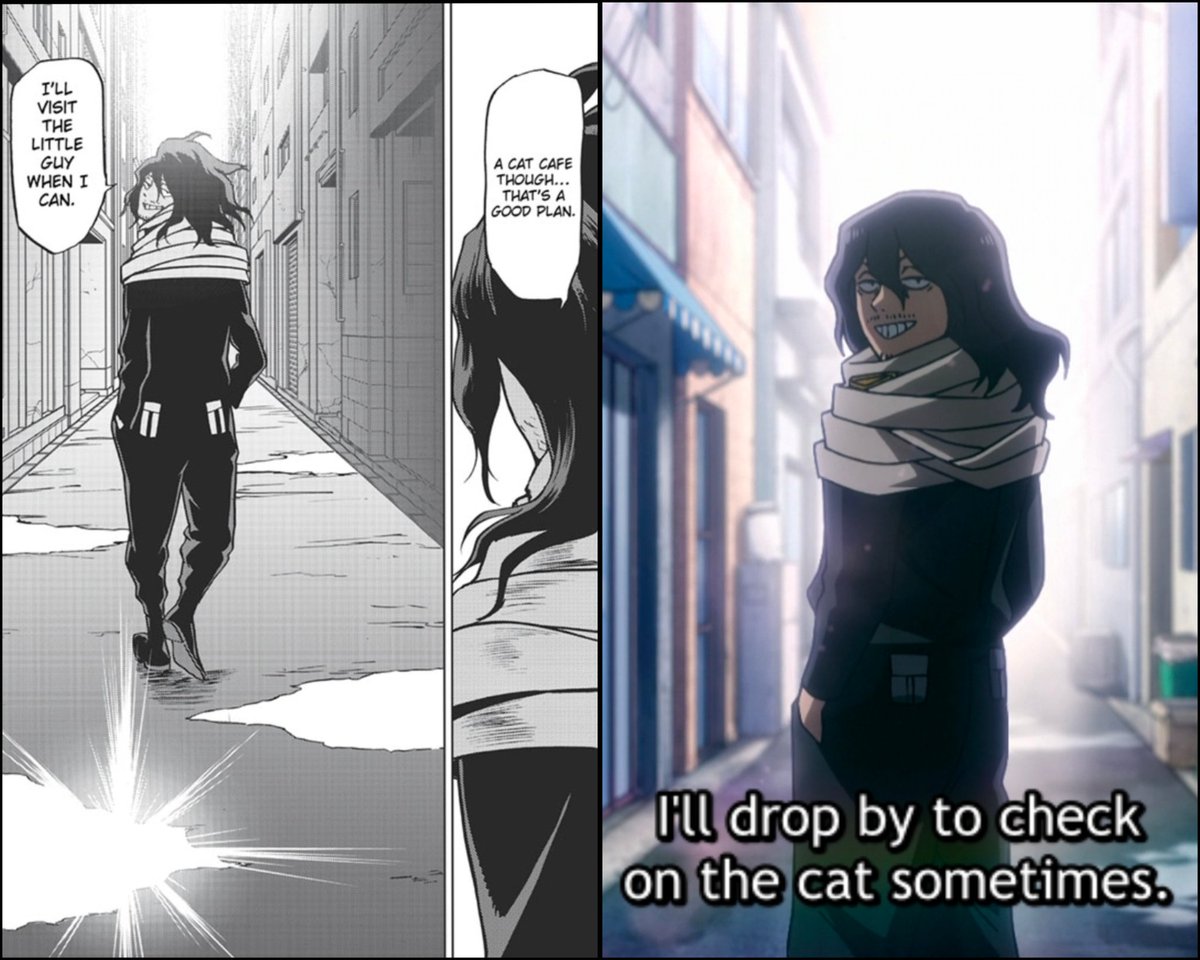 MightyGazelle1's tweet photo. There has been a subtle anime change from the manga, yet VERY interesting;

As you may know, they swapped the arc order. Originally School Days comes AFTER Sky Egg.

Following Sky egg, there is a 2 year time skip. During which, Aizawa becomes a teacher at UA. Because of this, he originally states "don't account me for your plans, since I'm leaving town soon anyway" when the Hotta brothers say they have a seat planned for him. Thats because he was leaving to become a teacher.

However! Since the arcs have been swapped, it no longer makes sense for him to say he is leaving yet sticks around for the events of Sky Egg. Therefore, the aforementioned line has been cut! Fascinating.