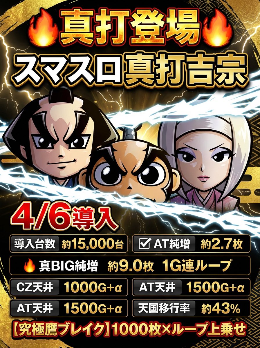 🔥スマスロ真打吉宗 4/6導入🔥 ✓ AT純増2.7枚 ✓ 真BIGは純増9.0枚の