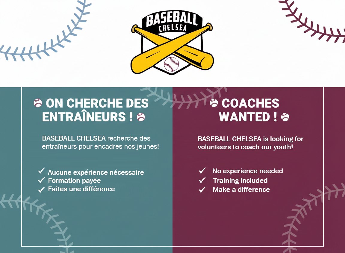 BaseballChelsea's tweet photo. ⚾ Baseball Chelsea recrute !

Tu veux coacher et inspirer nos jeunes cette saison ? 

✅ Formations payées à 100% 
✅ Engagement &amp; passion avant tout 

Prêt à faire une différence ? Inscris-toi ici :  
https://t.co/QvvFQitZC1

#Baseball #ChelseaQC #Bénévolat #Baseball https://t.co/MddcIrcznq