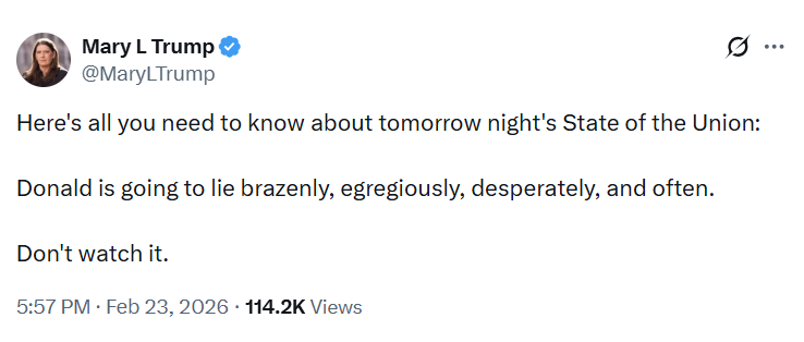 Regarding the pedophile president's State of the Union on Tuesday, I'm taking Mary Trump's advice. I'm not going to watch it. What the loathsome piece of shit likes most is ratings and I'm not about to help the evil sonofabitch. I'll watch video clips of his LIES instead. 😳👇