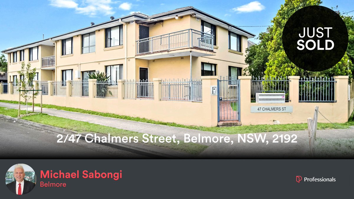 MichaelSabongi's tweet photo. 🛌 2 🛀 1 🚘 1
📍 2/47 Chalmers Street, Belmore, NSW, 2192

My latest sale on RateMyAgent.
Real Estate Class 2 143496
https://t.co/s5bgoOi7rZ

...
#ratemyagent #realestate #Professionals_Belmore https://t.co/VucBQ9WOfV