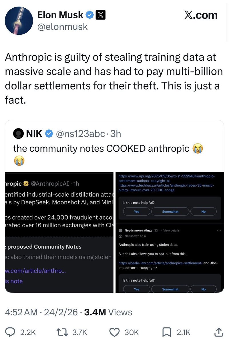 bill2bond's tweet photo. Morning drama recap: Anthropic is accusing Chinese AI labs—specifically DeepSeek, Moonshot, and MiniMax—of distilling Claude outputs to train their own models. MiniMax in particular gets called out for models that feel very Claude-like (especially noticeable inside Claude Code).

Meanwhile, Musk and X are firing back: nobody in this industry has clean hands when it comes to training data.

AI beef for breakfast 🍿
