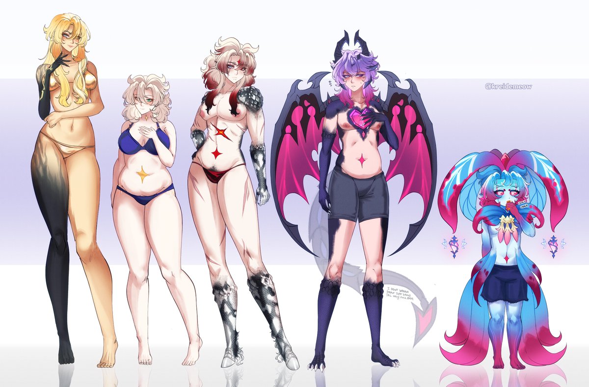 decided to draw my kreidefam body type headcanons! rhine, albedo, dorian/sub2, durin, and whoppy/sub3!