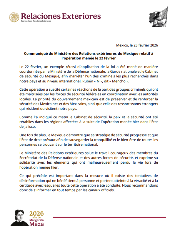 EmbamexHaiti's tweet photo. 🇲🇽 Le 22 février, les autorités mexicaines ont mené une opération coordonnée contre l’un des criminels les plus recherchés. La paix et la sécurité ont été rétablies dans les zones concernées.
👉 Lisez le communiqué : https://t.co/DAXeuTbgEZ