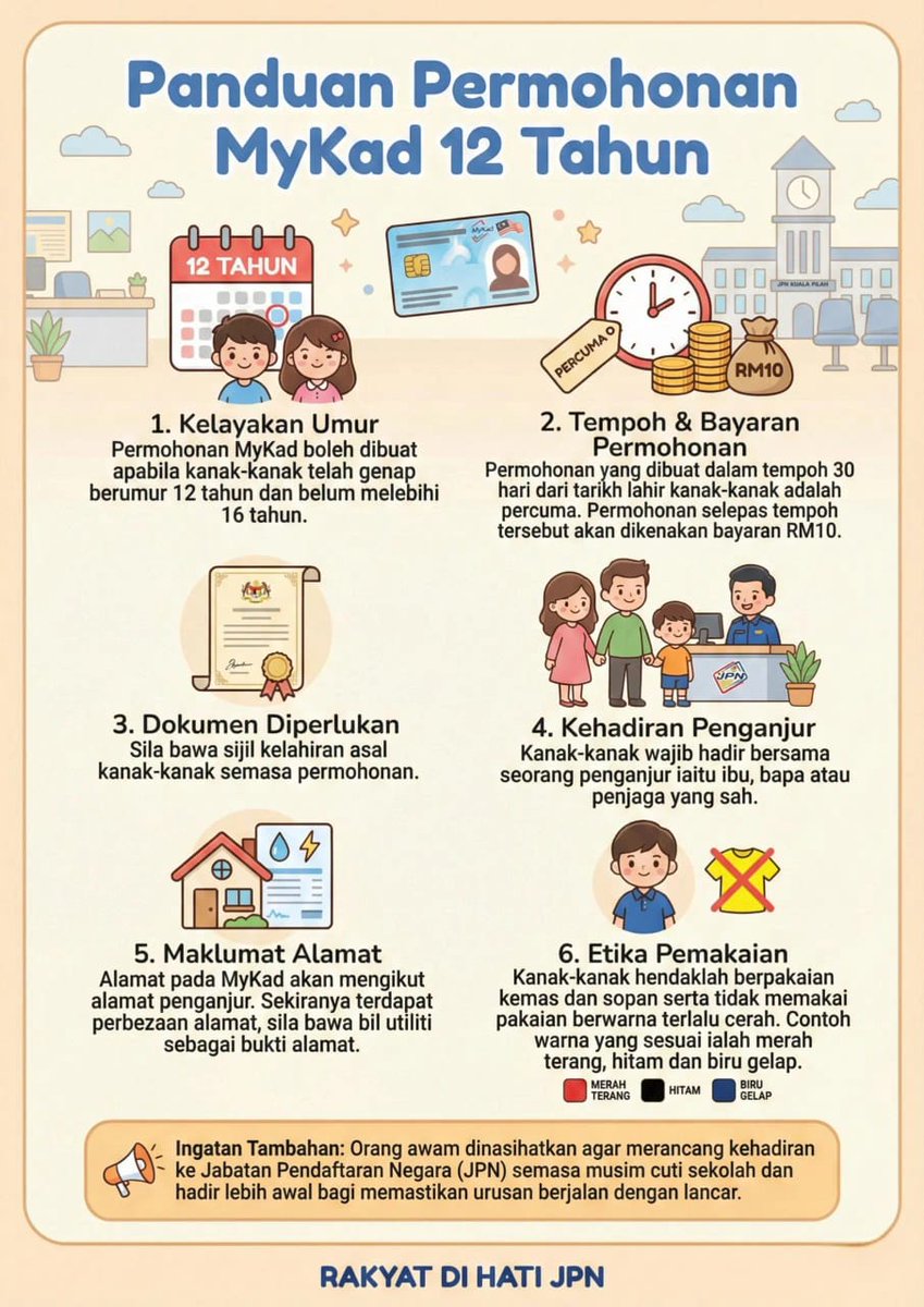 jpnn9official's tweet photo. Anak dah genap 12 tahun? 👦👧
Inilah masa untuk memohon MyKad 12 Tahun 💳
Ikuti panduan ringkas ini supaya urusan di JPN jadi lebih mudah dan lancar.

#MalaysiaMadani
#Madanibekerja
#KDNSejahteraMadani #KDNIhsanMadani
#RakyatDiHatiJPN
#jpndimanamana   
#jpnn9osahanda 
#KPPN https://t.co/MkzYdn4dlc