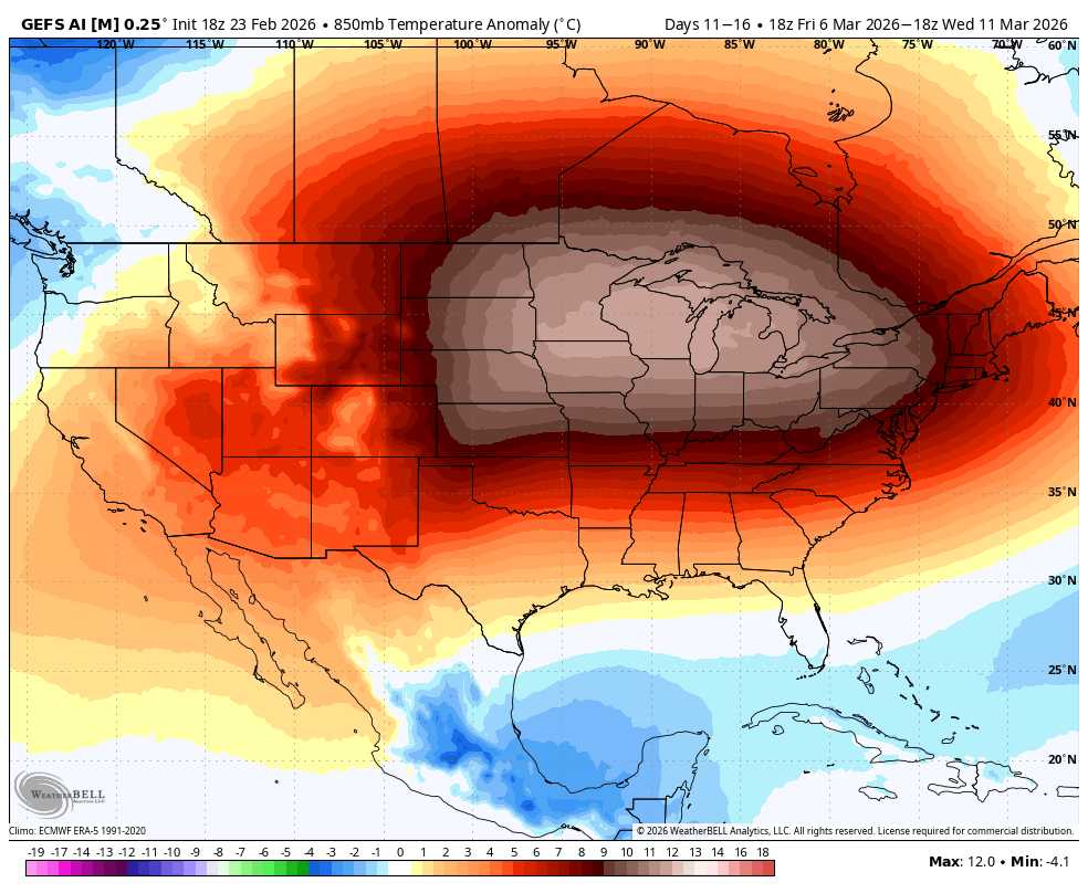 scotthetsko's tweet photo. Long term temperatures point toward a real taste of Spring weather sometime around March 7th through March 11th.  No guarantees, just hope!  Fingers crossed!!!  #weather #warmup https://t.co/NIYjaJeYlt