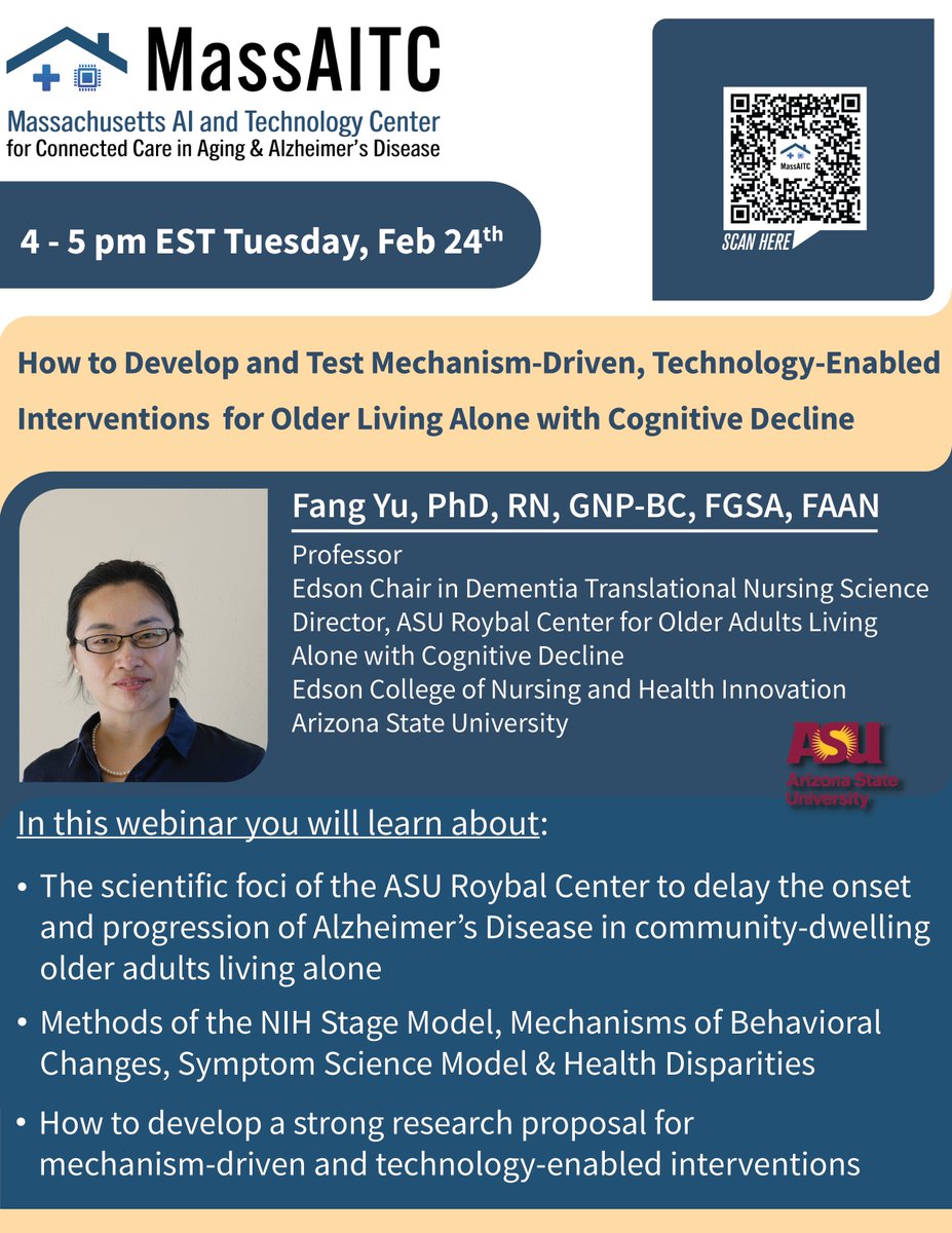 MassAITC's tweet photo. 🎞️Developing a Roybal proposal?

Learn what reviewers look for — from mechanisms of behavior change to NIH Stage Model alignment &amp; health disparity considerations.

🎙️ Fang Yu, PhD (ASU Roybal Center)
🔗 https://t.co/4LLcJeqLyu

#AlzheimersResearch #DigitalHealth #ADRD https://t.co/3N4z0IZwye