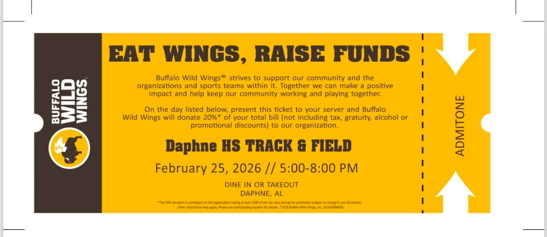 DaphneTrack's tweet photo. 🛑 by 🦬 Wild Wings in DAPHNE. EAT WINGS, RAISE FUNDS for Daphne Outdoor Track &amp; Field on ��𝐄𝐃𝐍𝐄𝐒𝐃𝐀𝐘, 𝐅𝐄𝐁𝐑𝐔𝐀𝐑𝐘 𝟐𝟓𝐭𝐡 𝐟𝐫𝐨𝐦 𝟓𝐩𝐦-𝟖𝐩𝐦 ⚔️💨 https://t.co/BRAEyfyYn9