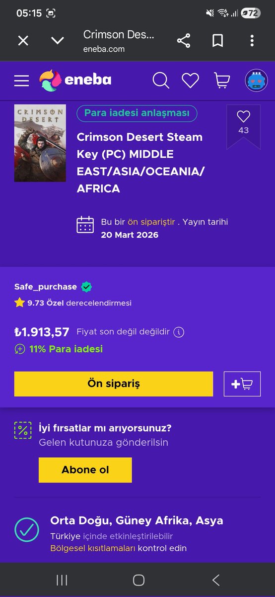 Arkadaşlar selam. Enabada crimson desert çok uyguna satılıyor. Üstüne alttaki linkten indirim kodlarını denerseniz çalışan bir tanesiyle 1600 civarına alabilirsiniz. Satıcı puanı da yüksek, kod çıkış günü yollanıyor key olarak 
 
 share.google/vSjkWXPnxmLCxv…