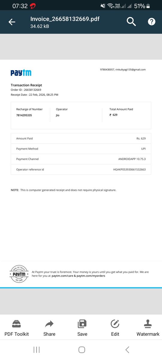 rinkulkumar's tweet photo. Mistakenly recharged wrong Jio number 7814295335 with ₹629 on 22 Feb, 8:25 PM via Paytm (Order ID: 26658132669, Txn ID: 200659770373). Intended for 7814295235. Request reversal/adjustment. Invoice available. Please help. @reliancejio @JioCare @_MukeshAmbani @DoT_India
@TRAI https://t.co/5CKh9M8DwA