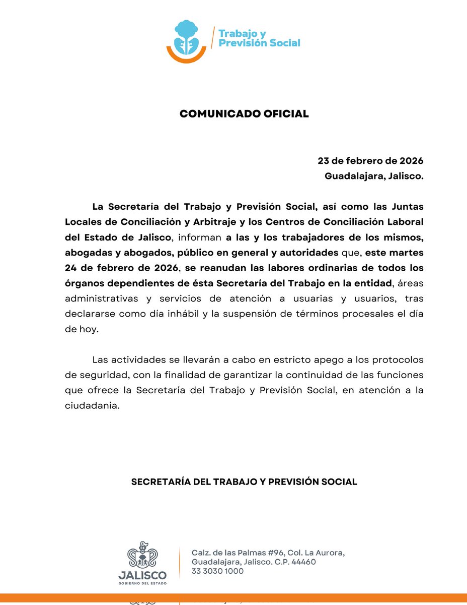 📢 Aviso importante 📢

Este martes 24 de febrero de 2026 se reanudan las labores ordinarias en las Juntas Locales de Conciliación y Arbitraje del Estado de Jalisco y los Centros de Conciliación Laboral del Estado de Jalisco. (<a href="/CCLJalisco/">CCL Jalisco</a>)