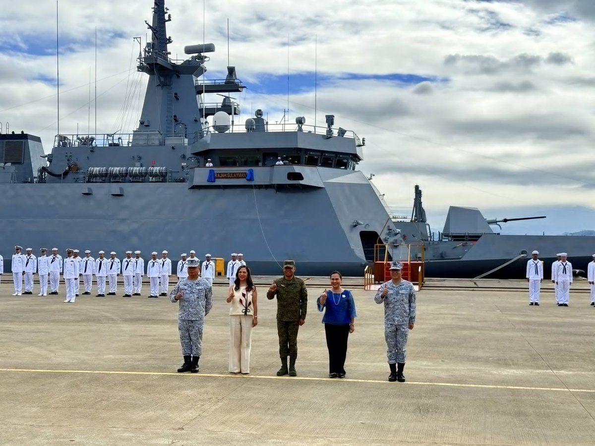 ABSCBNNews's tweet photo. AFP chief of staff Gen. Romeo Brawner Jr. leads the christening and commissioning of the offshore patrol vessel BRP Rajah Sulayman (PS-20) and the fast attack interdiction craft BRP Audrey Bañares (PG-910) at the Naval Operating Base in Subic, Zambales, on Tuesday. | via @biancadava