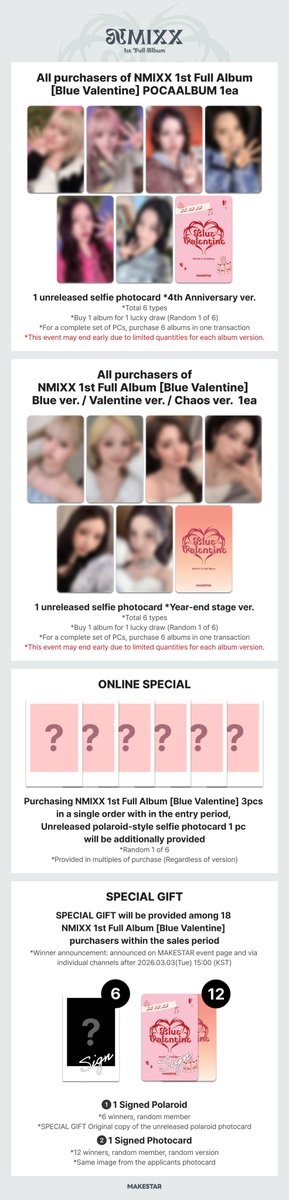 #엔믹스 #NMIXX
NMIXX 1st Full Album [Blue Valentine] SPECIAL LUCKY DRAW EVENT OPEN❗

📢 본 이벤트는 앨범 버전 별 한정 수량으로 조기 소진될 수 있습니다.

🎂POCAALBUM 구매자 포토카드 *4주년 ver.
🩵일반반 구매자 포토카드 *연말무대 ver.
✨한 주문 건에서 3매 구매 시 미공개