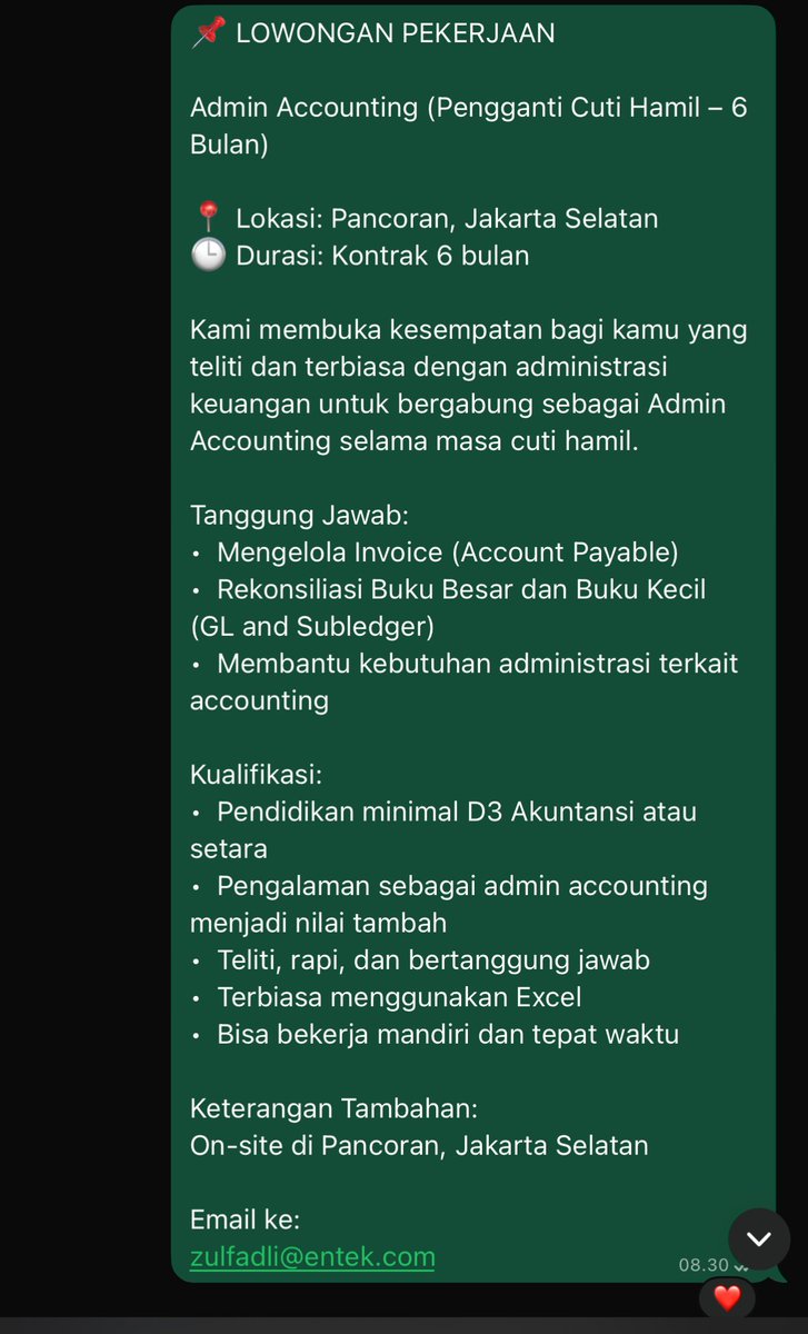 ddiyanlestari's tweet image. #Lokercot #Lokerpam
Admin Accounting (Pengganti Cuti Hamil – Kontrak 6 Bulan) | Pancoran, JakSel

Email CV ke: 
zulfadli@entek.com

cc: @hrdbacot @ezash