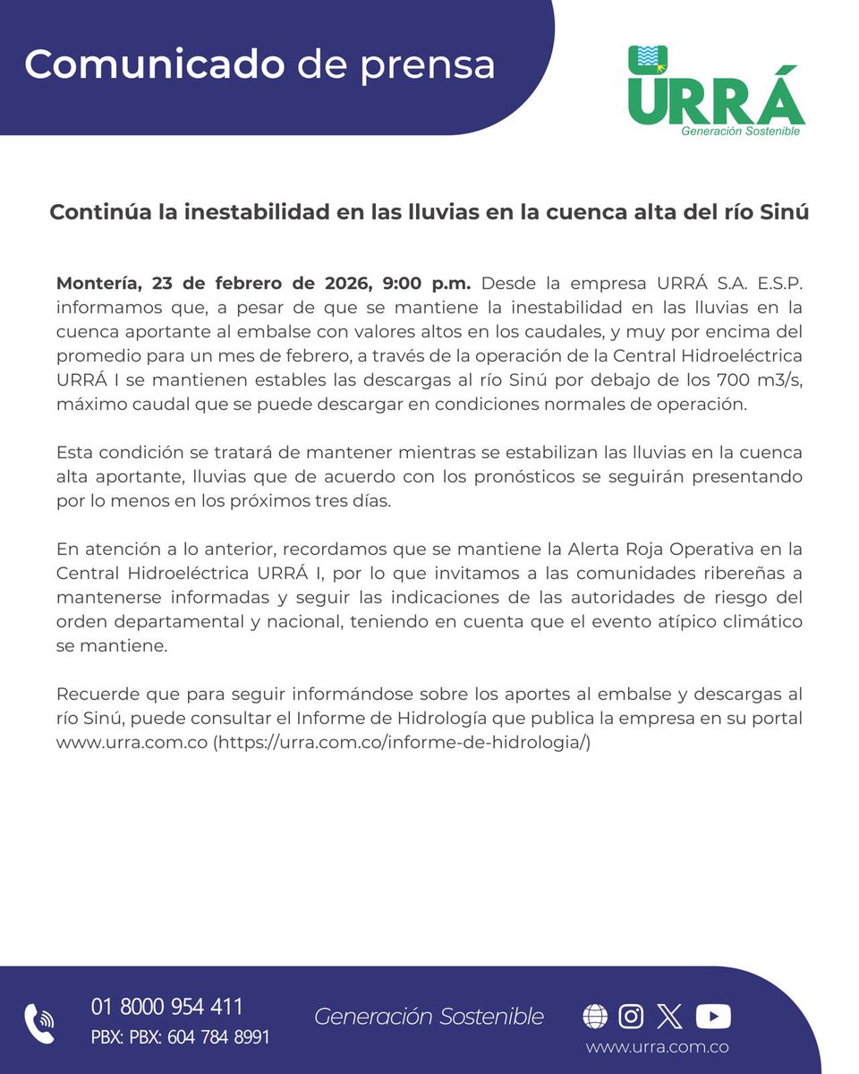 Urragenerador's tweet photo. Continúa la inestabilidad en las lluvias en la cuenca alta del río Sinú. https://t.co/wcMXH5dQbo