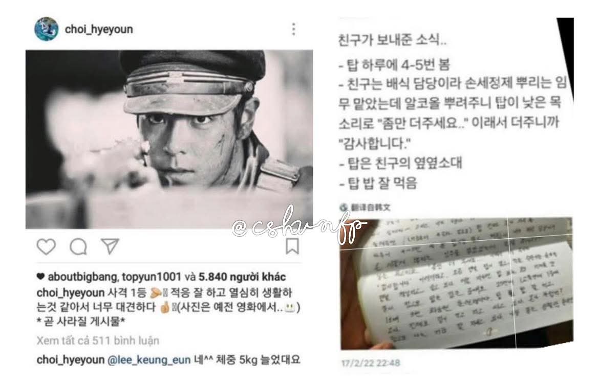 Around this time 9 years ago was when T.O.P (Choi Seung Hyun) had just enlisted in the military. At that time, his older sister Choi Hye Youn posted on Instagram, proudly sharing:

“TOP ranked No.1 in shooting practice at the training center and gained 5kg.”

At the same time, a