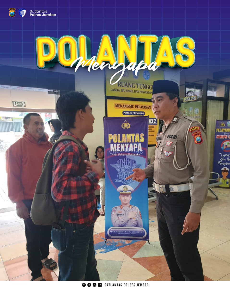 Polantas menyapa adalah wujud pelayanan nyata kepada masyarakat. Mengemban peran menjaga keamanan, mengutamakan keselamatan, menegakkan hukum, tertib administrasi, transparansi informasi, serta menjunjung tinggi nilai kemanusiaan.

#polantasmenyapa #satlantaspolresjember