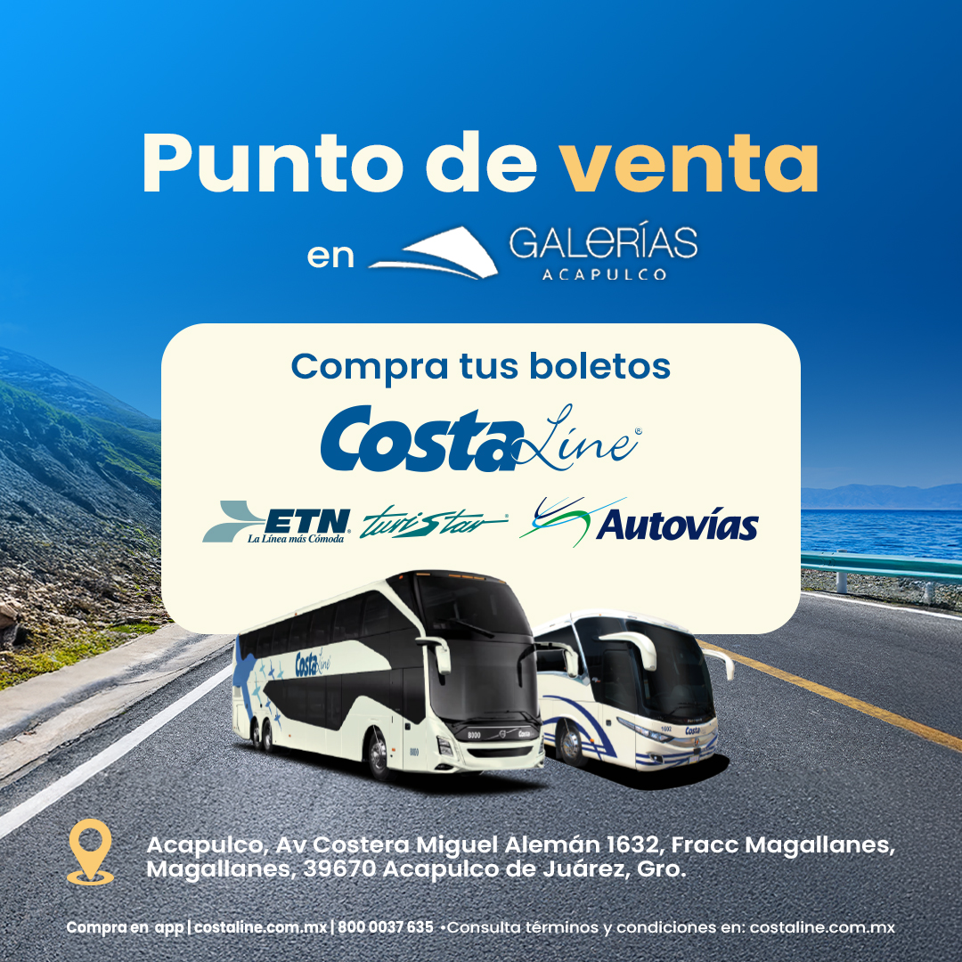 📦🚌 Soluciones rápidas en Galerías Acapulco
Compra tus boletos o envía paquetería urgente con Costa Line + Pack Multienlace, todos los días de 8:00 a 20:00 hrs.
Eficiente, confiable y a la mano. 💙