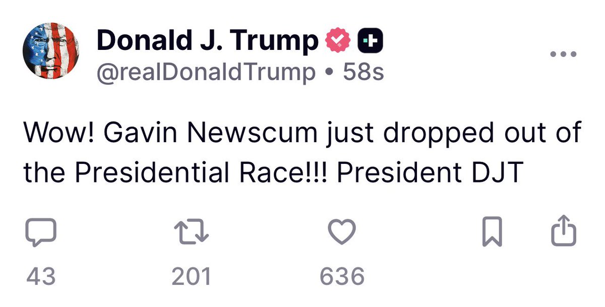 President Trump Post: 🔥

💥💥💥NEWSCUM DROPPED OUT OF THE PRESIDENTIAL RACE!!! WONDER WHY? 🤭

BYE BYE 👋🏻