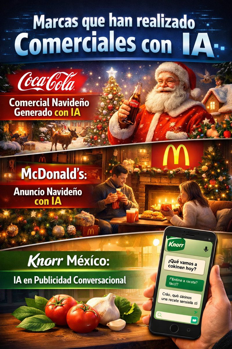 JlmcConsulting's tweet image. 🚀 La #InteligenciaArtificial ya está transformando la publicidad en México.

Marcas como #Coca-Cola, #McDonald’s y Knorr han experimentado con comerciales y campañas creadas con IA, marcando tendencia.
#Tendencia
#WWERaw
#Mexico
#TecnologIA