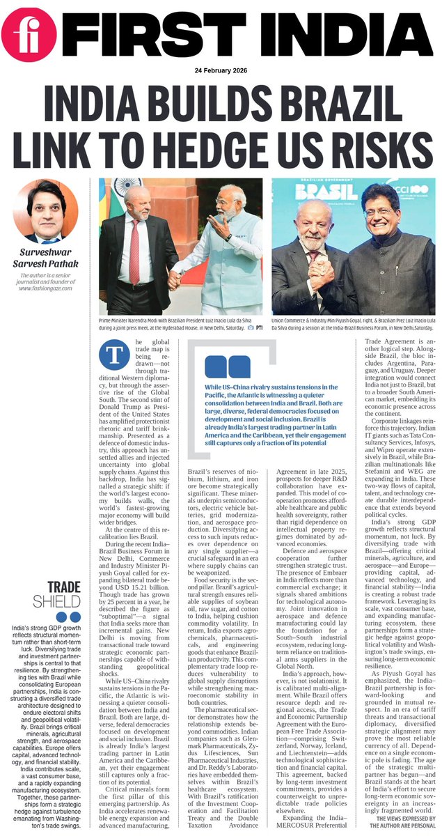INDIA BUILDS BRAZIL LINK TO HEDGE US RISKS

(✍️: Surveshwar Sarvesh Pathak )

More: firstindia.co.in/epapers/jaipur

#FirstIndia #PowerCorridors #ExclusiveNews #NewsUpdate #IndiaBrazil #GlobalSouth #TradePartnership #StrategicAlliances #PiyushGoyal #IndiaMERCOSUR #EconomicResilience