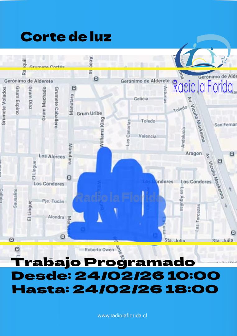 Corte de energía eléctrica, que afectara este marte 24/02/2006 a 9 comunas.
aquí en el mapa de La Florida, Sta Julia/Los Cóndores/Aragon/ Las Loicas /Manutara.