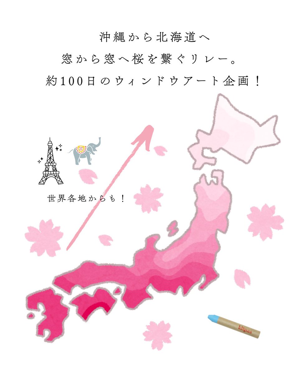 nihon_rikagaku's tweet photo. 新企画【#キットパス桜前線2026】はじまります。お住いの地域の開花と同時に、キットパスで窓に桜を描きませんか？南から北へ北上する様子をキットパスのバトンでつなげていきます。3月から5月までのおよそ100日間の一大プロジェクトスタートです🌸
#キットパス
#日本理化学工業
#開花宣言
#桜 https://t.co/X8NBlEnZbU