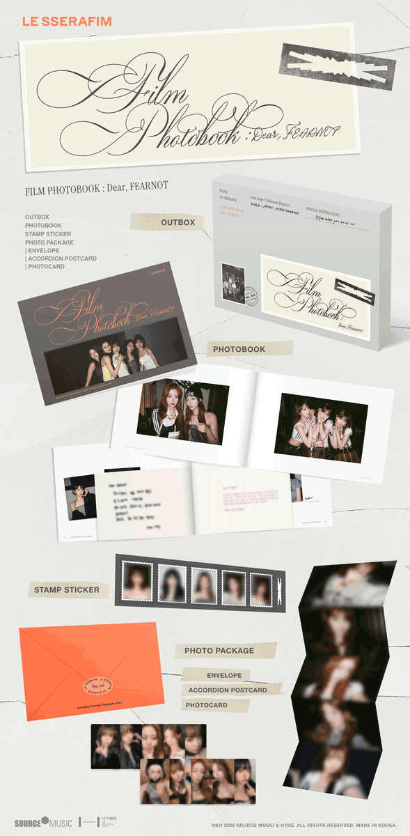 [NOTICE] 
LE SSERAFIM 'FILM PHOTOBOOK : Dear, FEARNOT' 출시 안내 (+ENG/JPN/CHN)

📍 weverse.io/lesserafim/not…

📸 PRE-ORDER : 2026. 02. 25 11AM (KST) 
📸 RELEASE : 2026. 03. 12 (KST) 

#LE_SSERAFIM #르세라핌 
#FILM_PHOTOBOOK