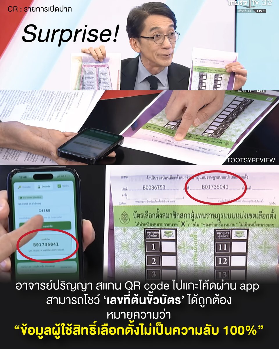 “ข้อมูลผู้ใช้สิทธิ์เลือกตั้งไม่เป็นความลับ 100%”
#กกตหค #กกตต้องเข้าคุก #เลือกตั้งโมฆะ

ผศ.ดร.ปริญญา เทวานฤมิตรกุล อาจารย์ประจำภาควิชากฎหมายมหาชน คณะนิติศาสตร์ มหาวิทยาลัยธรรมศาสตร์ สัมภาษณ์รายการเปิดปาก ทางไทยรัฐ

อาจารย์ทดลอง Scan QR Code ได้ตัวเลข 6 หลัก แล้วลองเอามาแกะโค้ด
