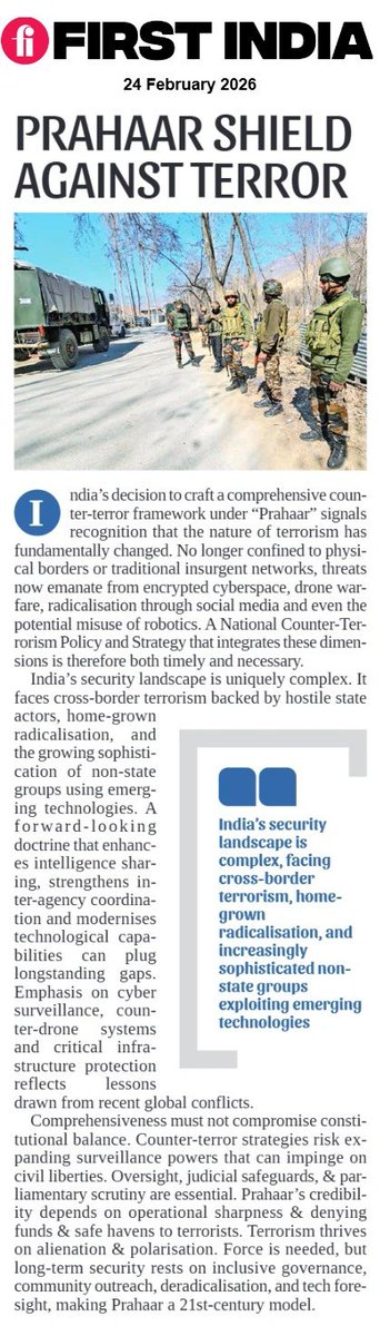 PRAHAAR SHIELD AGAINST TERROR

More: firstindia.co.in/epapers/jaipur

#FirstIndia #PowerCorridors #ExclusiveNews #NewsUpdate #Prahaar #CounterTerrorism #NationalSecurity #ZeroTolerance #CyberSecurity #CounterDrone #IntelligenceSharing #InternalSecurity #AntiTerrorPolicy
