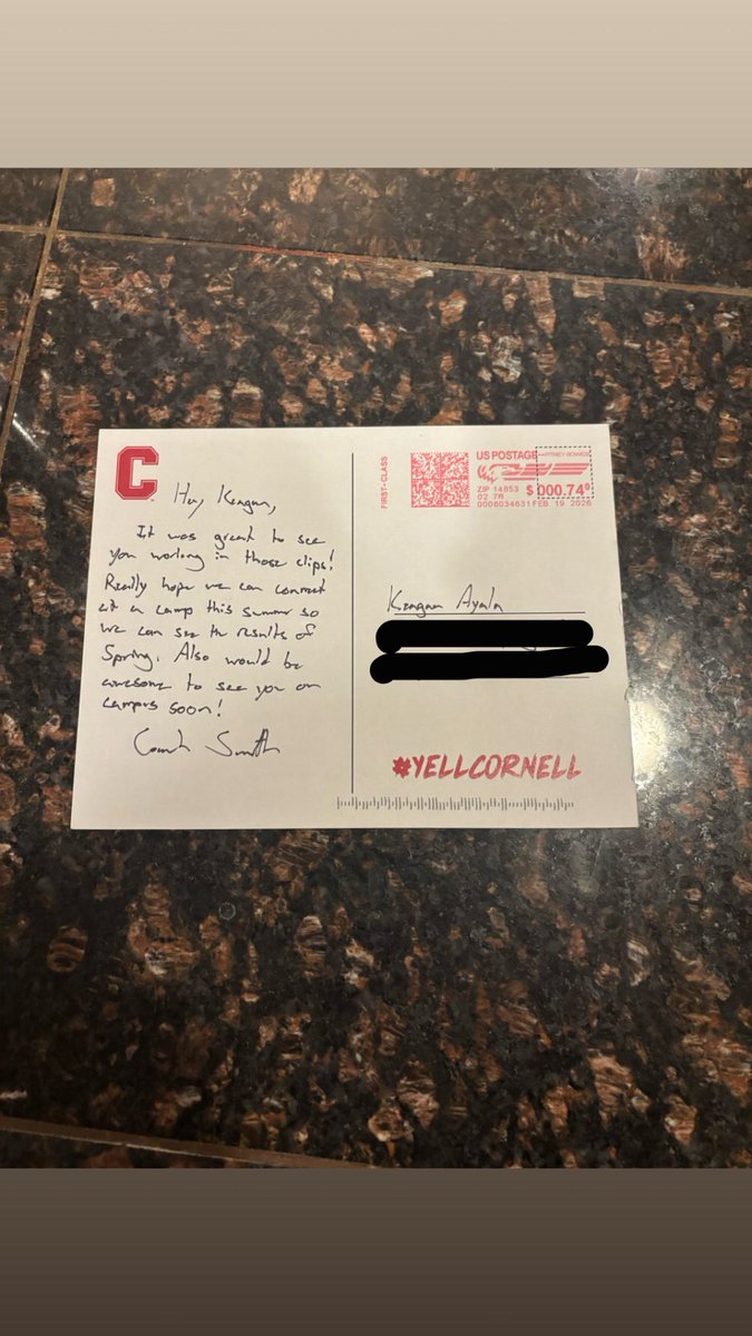Thank you so much for the mail <a href="/cccsmith25/">Cole Smith</a>! I can't wait for more conversations about <a href="/BigRed_Football/">Cornell Football</a>!
<a href="/Tos93/">Coach Santos Carrillo</a>
