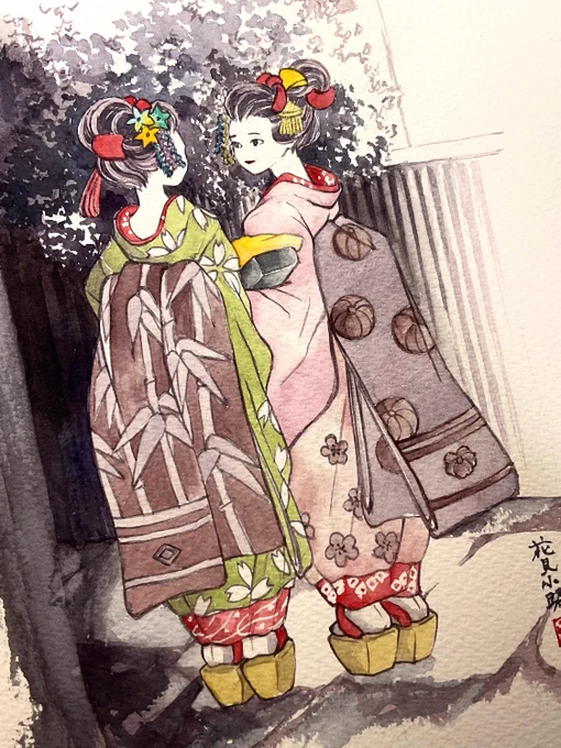 花見小路の舞妓さん 絵墨のくすんだ感じが好き #透明水彩 #絵墨
