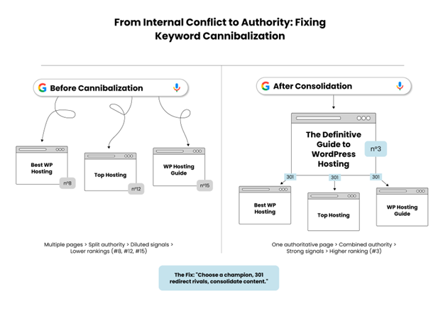Inflow_labs's tweet photo. Fix cannibalization like an agency would:

1. Identify keywords where multiple URLs rank
2. Pick a “champion” page (best links/traffic/conversions)
3. Merge the best content into that page
4. 301 redirect the rest → update internal links → re-optimize the champion

Result: 3 weak pages become 1 page with real authority.