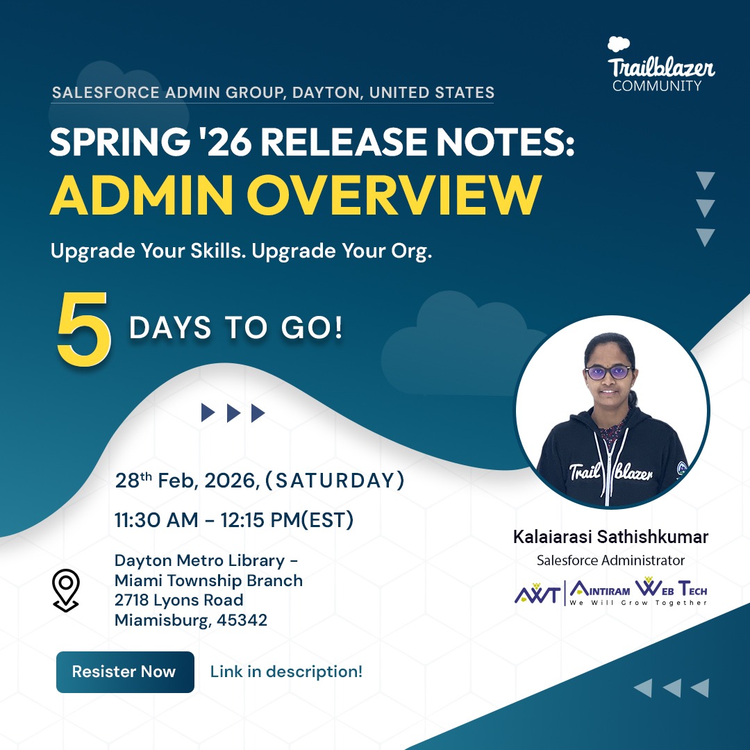 kalaipskn's tweet photo. ✨Only 5 days until the Trailblazer Community Meeting hosted by the Dayton Admin Group!

📩 RSVP today to secure your spot!

RSVP:https://t.co/cwM4UKOVkU

#TrailblazerCommunity #Salesforceadmin #Salesforcerelease https://t.co/gIA0vICz8K