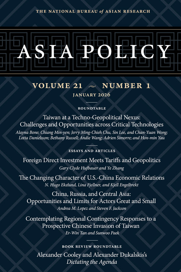 NBRnews's tweet image. Latest issue of Asia Policy now on @ProjectMUSE! Content on #Taiwan &amp;amp; critical technologies/slowing of #FDI/#USChina economic relations; #Russia, #China, &amp;amp; #CentralAsia/#TaiwanStrait contingency case studies/the rising influence of #authoritarianstates   muse.jhu.edu/issue/56387
