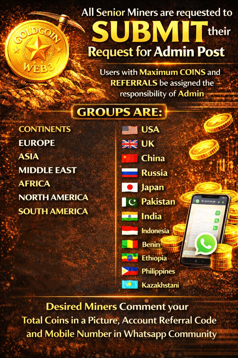 GOLD_COIN_WEB3's tweet photo. Admins required for Whatsapp Community β
#goldcoinweb3 https://t.co/7UDP7y7Njq