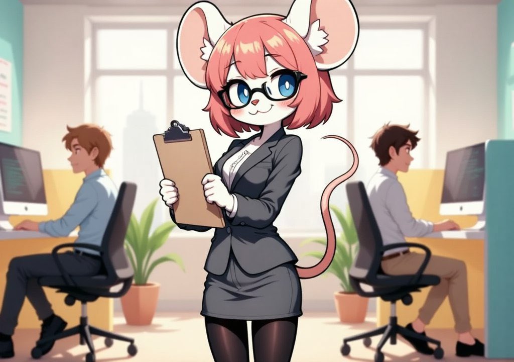 We hired the new backend dev! Sadly my best friend didn't make it… but the guy who got it is super nice &amp; fun ♡  
He has nice AI basics that'll help my little project ✨💕🐭 #AIkoDiary #furrygirl #mousegirl #AIart #AIart