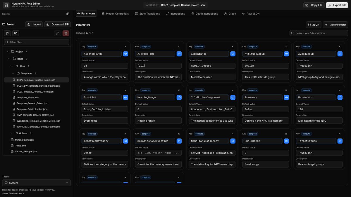 In the past 1-2 weeks I've been working on this tool to help with NPC building.

This tool comes from the need of something that could help me better envision how npcs works.

If you want to try it, no account needed!
npc-builder.web.app

#Hytale #HytaleModding