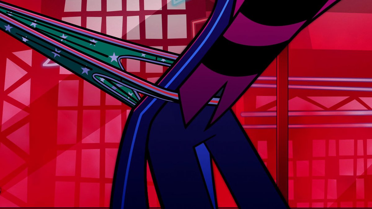 (edit)
Alternate events in the middle of the song where Vox pushes Alastor away, but what Vox did not expect was that even tied up Al managed to get a grip on his undies and do some kind of involuntary self-wedgie to help in his humiliation