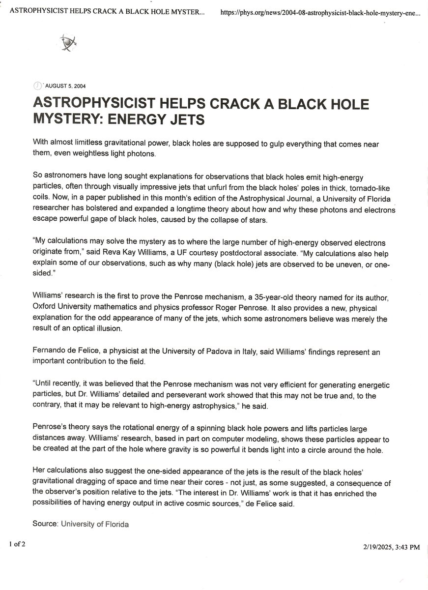 RevaKayAstro's tweet photo. Happy Black History Month!😊My theoretical model calculations to extract energy-momentum from a rotating black hole were the first to successfully work out the Penrose mechanism using Einstein’s General Theory of Relativity. Importantly, my model also predicted observations of active galactic nuclei and has been confirmed by the Event Horizon Telescope observations. My model has also been confirmed by X-ray and gamma-ray observations of quasars 3C 273 and 3C 279. Give credit where credit is due, and give honor where honor is due.  

Please share.  

#BlackHistoryMonth #BlackHistoryMonth2026 #AmericanHistory #BlackTwitter #Astrophysicists #Astrophysics #Astronomy #BlackHistory #Quasars #QuasarScience #BlackHoles #BlacksInSTEM #GeneralRelativity #Science #KerrBlackHoles #RotatingBlackHoles #BlackScientists #SupermassiveBlackHoles #EventHorizonTelescope #ActiveGalacticNuclei #STEM #Scientists #PenroseProcess #PenroseMechanism #WomenScientists #BlackWomensHistory #WomensHistory #BlackCommunity #BlackRoleModels #BlackRoleModel #BlackAmericanHistory #BlackAmerican #BlackAmericans #AfricanAmericans #Plagiarism #AmericanHistory #PlagiarismIsACrime #TheftOfIntellectualProperty #rolandmartinunfiltered #BenCrump #WillieDLIVE @WillieDLive