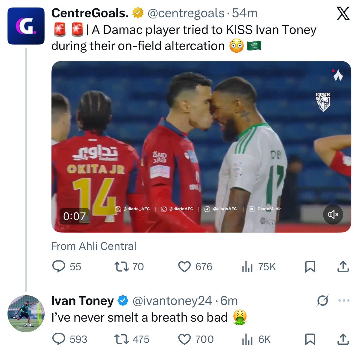 🚨🚨🚨🚨🚨🚨🚨🚨🚨🚨🚨🚨🚨🚨🚨

آيفان توني ردًا على ما حدث بينه وبين حركاس لاعب ضمك:

لم أشم رائحة أنفاس كريهة كـهذه منذ قبل 🤢