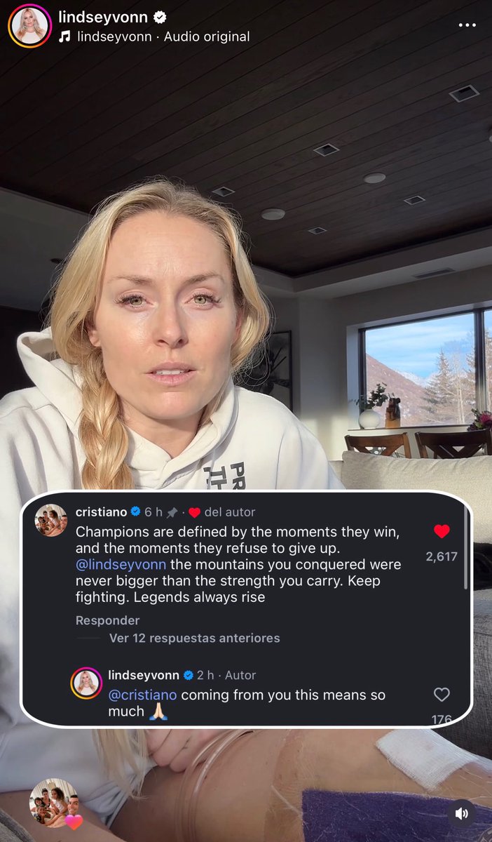 El legendario futbolista Cristiano Ronaldo apoya a la patinadora artística estadounidense Lindsey Vonn después de que sufriera una grave lesión y se sometiera a una cirugía que le salvó la pierna de la amputación...

Dijo: «Los héroes se definen por sus momentos de triunfo y por