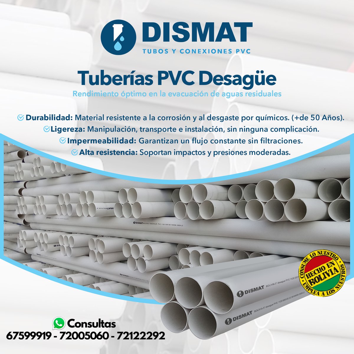 DISMAT_SRL's tweet photo. Tuberías PVC #Dismat producidas con calidad #HECHOENBOLIVIA
¡Que tu obra no falle por la calidad de los materiales! 
Con tuberías PVC desagüe obtienes:
-Máxima resistencia (tubería reforzada)
-Instalación rápida
-Seguridad y durabilidad (+50 años)
VENTAS:
 https://t.co/FnEpMc6gy6 https://t.co/a7bH0j1sYa