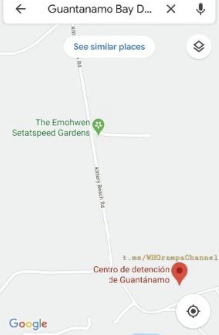 TheQNewsPatriot's tweet photo. Hilarious

US military having a field day with trolling the western political class Deep-State.

A location on Google Maps right up the road from Guantanamo Bay military prison is listed as the “Emohwen Setatspeed" Gardens.

If you unwind and spell it backwards, it reads “Deepstates Newhome”

Patriots in control.
And public Justice is 100% coming.

They never thought she would lose.
#DarkToLight #WeThePeople
