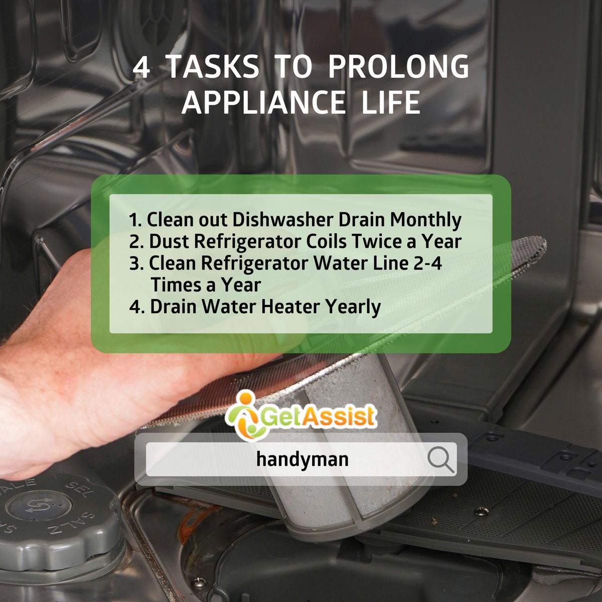 GetAssistApp's tweet image. Water sediment and dust can hurt your #appliances &amp;amp; #machines. Be sure to clean the dishwasher drain &amp;amp; refrigerator line, dust refrigerator coils, and drain the water heater. MAKE A FREE REQUEST on GetAssist for a local #Handyman or #ServicePro for help!

app.getassist.com/v2/business-di…