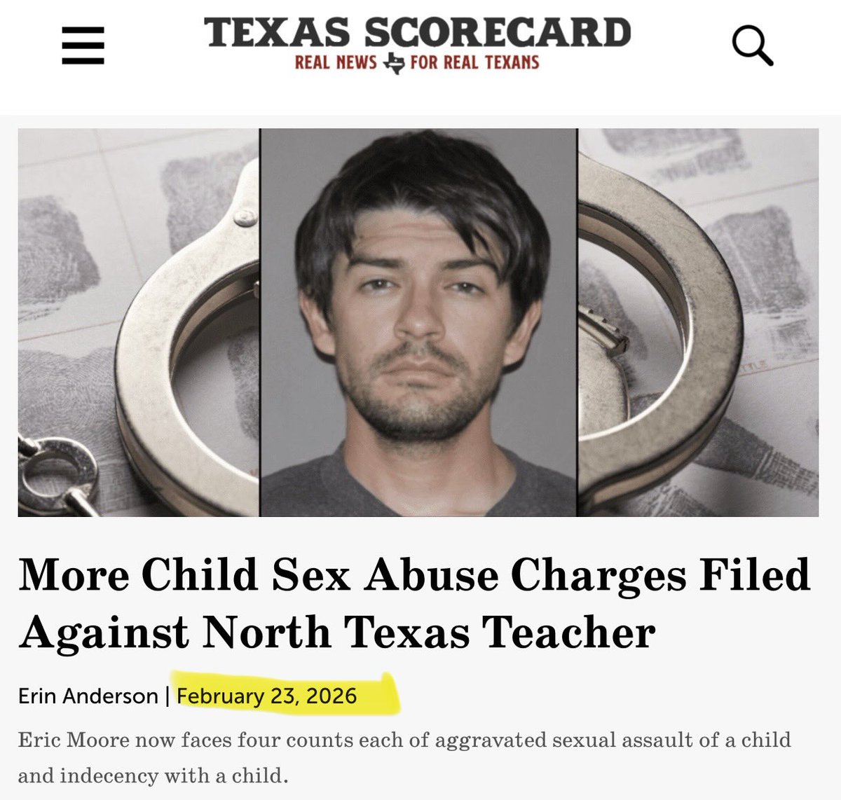 TrueTexasTea's tweet photo. FOURTH of FOUR todayโผ๏ธ
MORE charges filed against NORTH TEXAS COLLEGIATE teacher Eric Moore.
Moore now faces FOUR counts each of aggravated sexual assault of a child and indecency with a child.
He was charged last month with sexually abusing a student at the school.
STORY โฌ๏ธ https://t.co/VLquxVg7gA