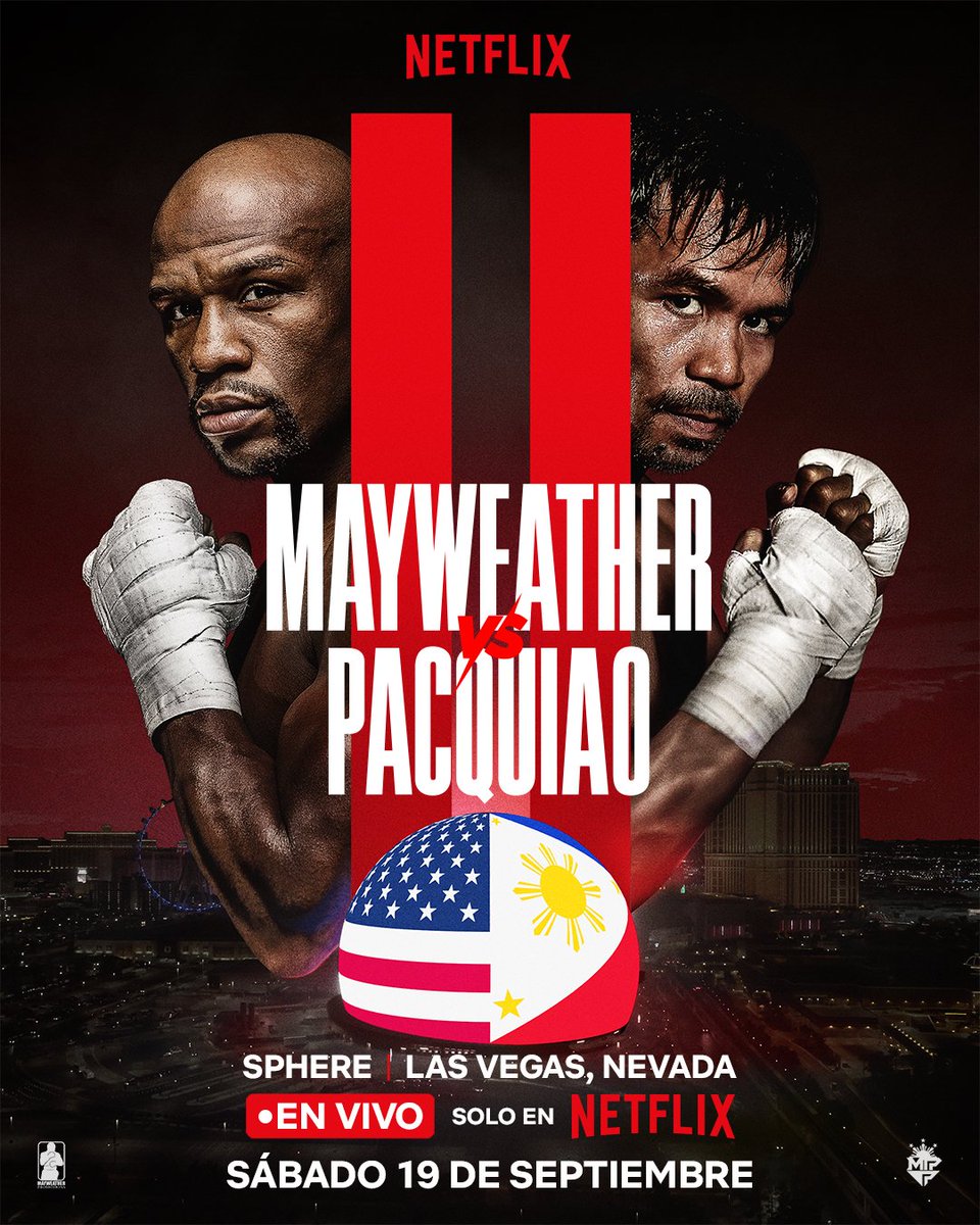 🥊: Tal vez no sea en su momento de mayor esplendor y capaz solo el efecto nostalgia, pero después de 11 años por fin podremos disfrutar de la revancha entre Mayweather 🇺🇲 de 49 años y Pacquiao 🇵🇭 de 47.

Agenden, 19 de septiembre a través de #Netflix para todo el mundo.

La