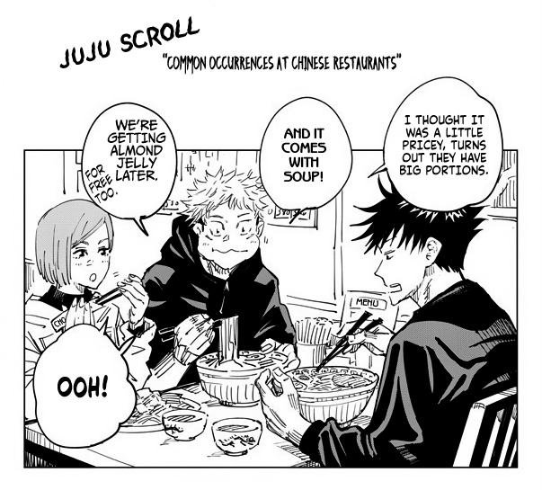 i love yuji, nobara and megumi's shenanigans together 🥹❤❤ seeing them so carefree and not facing any horrors is so rare in this manga pls😭